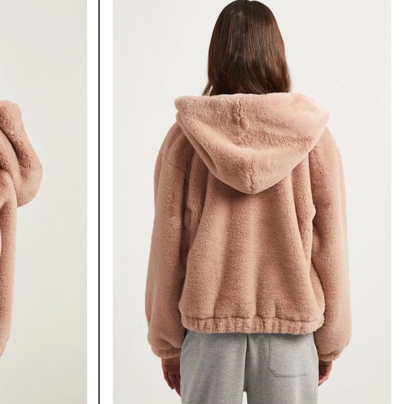 French Connection Arabella Faux Fur Dusty Rose Zip up hooded jacket size 6 - Picture 3 of 15